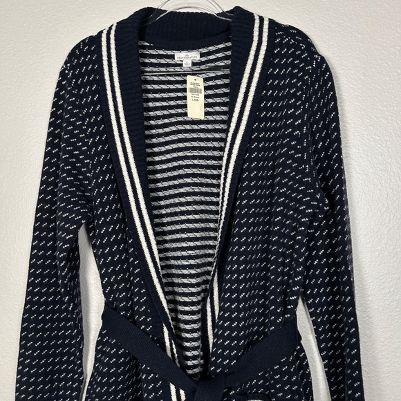 LL Bean women size L signature wool blend long cardigan navy white belted NEW - Picture 2 of 15